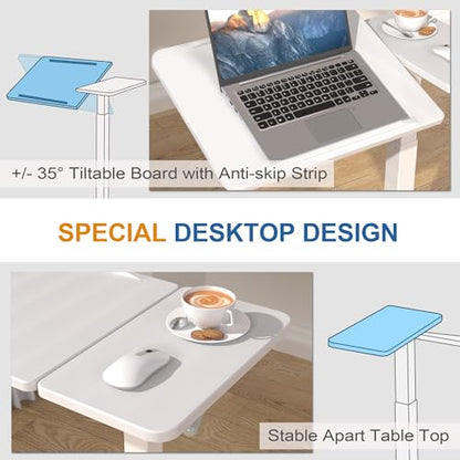 Adjustable Overbed Bedside Table with Hidden Wheels, Pneumatic Tilt Board Rolling Laptop Standing Desk Cart, Mobile Over Bed Sofa Chair Side End Tables, Walnut (White) - color: White