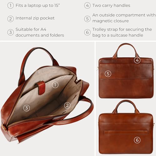 Time Resistance Leather Briefcase - Italian Handmade Leather Laptop Bag - Handbag for Men - Professional Computer Case - color: Cognac Brown