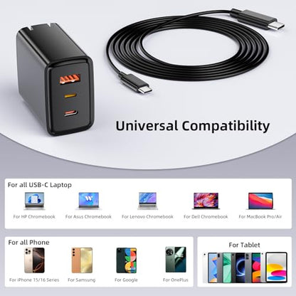 60W USB C Charger for Galaxy S26 Ultra S26+ S25 S24 Foldable Charger Black | for Super Ultra Fast Charging 3-Port for Google Pixel 10a/iPad for iPhone 17 16 15 Pro 6FT USB C Cable Included