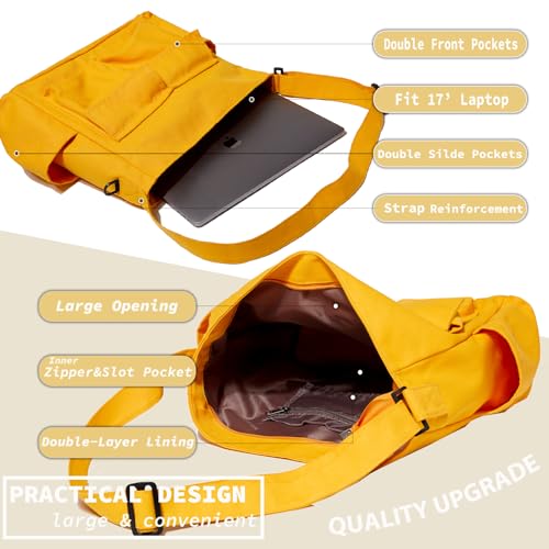 Canvas Messenger Bag Large Hobo Crossbody Bag with Multiple Pockets Casual Shoulder Tote Bag for Women and Men - color: Yellow