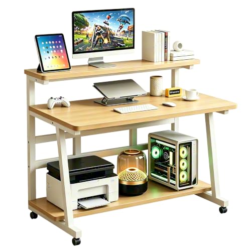 Rolling Computer Desk, 47.2 Inch Small Desks For Small Space, Portable Small Computer Desk with Monitor Stand & 3-Tier Storage, Portable Desk on Wheels for Writing, Home Office, Small Desk for Bedroom - color: Frame：white/Board：teak, size: 47.2“*19.7”