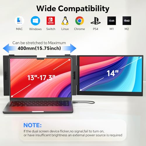 14" Laptop Screen Extender, Ultra-Slim 0.17" FHD 1080P IPS Portable Monitor for Laptop, USB C/HDMI Plug & Play, Fits 13"-17.3" Laptops, Work with Windows/Mac/Chrome,