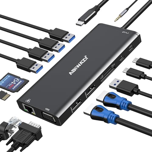 USB C Docking Station Dual Monitor for Dell/HP/Lenovo/Surface Laptop, 14 in 1 Triple Display Hub Multiple Adapter, Dongle with 2 HDMI 4K VGA 5 Port 100W PD Charger Ethernet SD/TF Audio(Black) - color: Black