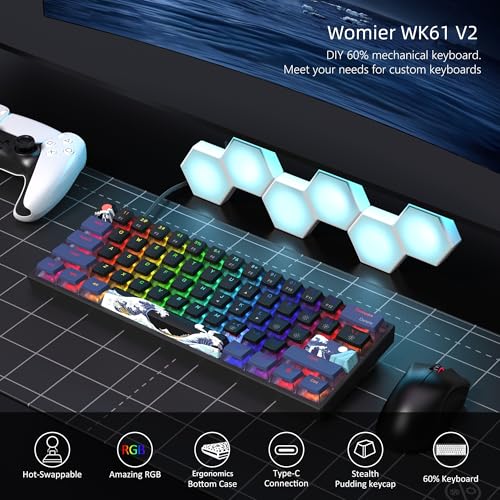 Womier 60% Percent Keyboard Gaming, Creamy Mechanical Wired Keyboard Anime | Hot-Swappable RGB Key board with PBT Keycaps for Windows PC Gamers - POM Linear Red Switch WK61 V2 Black Kanagawa - color: WK61 V2-Black