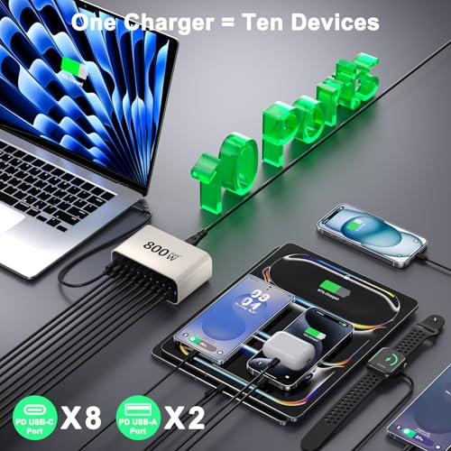USB C Charging Station 800W, USB Fast Charger Block 10 Ports, Dual 140W PD PPS Charger Multiple Output, PD Power Adapter Compatible with MacBook Pro Dell/iPhone 16/Galaxy/Tablet/Mobile - size: 800W 10 Port