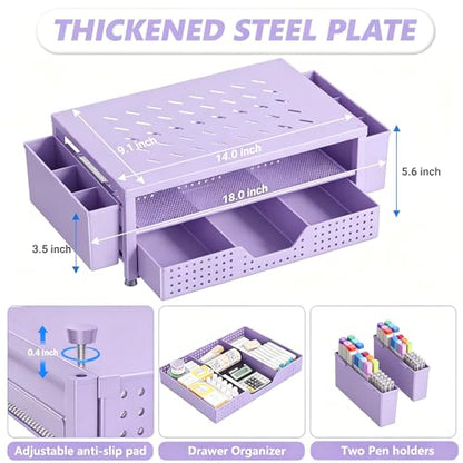 Laptop Stand for Desk Organizer, Computer Monitor Stand Riser with Drawer and 2 Pen Holders, Ventilated Perforated Steel Top, Office Desk Accessories for Home Office Supplies, Purple