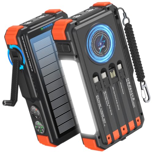 BLAVOR Solar Power Bank with Hand Crank and 4 Cables, 20000mAh Wireless Portable Charger with USB C & Camping Light, 20W Fast Charging Battery Pack for iPhone, iPad, Samsung, All Mobile Phones - color: Orange