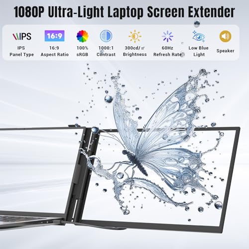 Laptop Screen Extender 0.17" Ultra-Thin, 14" 1080P FHD IPS Portable Monitor, Triple Screen Laptop Monitor Extender for 13"-17" Laptops, Plug & Play for Windows/Mac/Android/Chrome/PS5