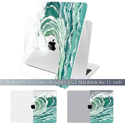 Batianda Case for MacBook Air 15" with M5 M4 M3 M2 Chip, Aqua Wave | 4-in-1 set with aqua ocean wave design, lightweight slim hard shell protection for beach lovers, surfers and students - color: Waves