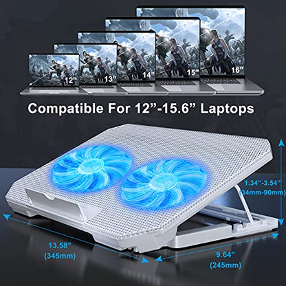 LIENS Laptop Cooling Pad with Adjustable Height Two 5.1 Inches Fan 2 USB Ports Suitable for 12"-15.6" Laptops（White） - color: white