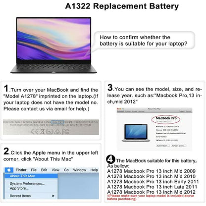 63.5Wh A1322 A1278 Laptop Battery for MacBook Pro 13 inch [Mid 2009 2010 2011 2012 Version] 661-5229 661-5557 020-6547-A 020-6765-A MB990LL/A MB991LL/A MC724LL/A，not for A1278 [2008 Version] - size: 8.33*3.42*0.55inch A1322
