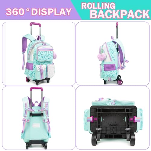 Meetbelify Girls Rolling Backpack with Wheels - Cute Kawaii Carry On Backpack for Elementary Students - Lunch Box Included - Travel Suitcase for Girls 8-10 - color: Love Green