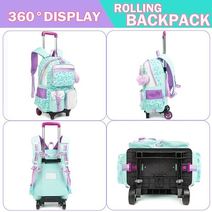 Meetbelify Girls Rolling Backpack with Wheels - Cute Kawaii Carry On Backpack for Elementary Students - Lunch Box Included - Travel Suitcase for Girls 8-10 - color: Love Green