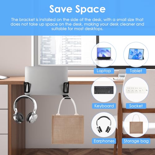 Desk Side Laptop Holder, Vertical Desk Side Storage Laptop Holder, Adjustable Laptops Mount with Headphone Hooks, No Drill Clamp for Laptops,Tablets,Keyboards,Backpack (Black)