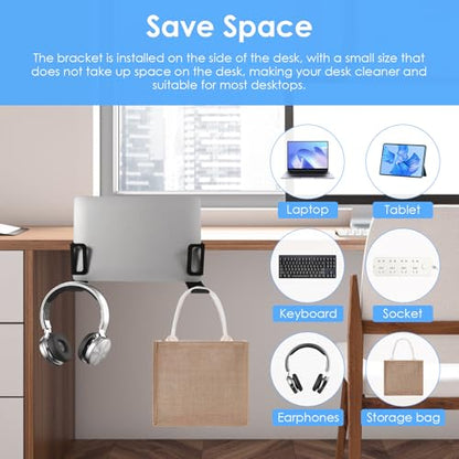 Desk Side Laptop Holder, Vertical Desk Side Storage Laptop Holder, Adjustable Laptops Mount with Headphone Hooks, No Drill Clamp for Laptops,Tablets,Keyboards,Backpack (Black)