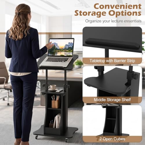 Tangkula Mobile Lectern Podium Set of 2, Height Adjustable Podium Stand, Standing Sit-to-Stand Desk, Rolling Cart Laptop Desk with Swivel Top Movable Wheels & Storage - color: Black, size: 20" x 16" x 44"