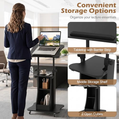 Tangkula Mobile Lectern Podium Set of 2, Height Adjustable Podium Stand, Standing Sit-to-Stand Desk, Rolling Cart Laptop Desk with Swivel Top Movable Wheels & Storage - color: Black, size: 20" x 16" x 44"