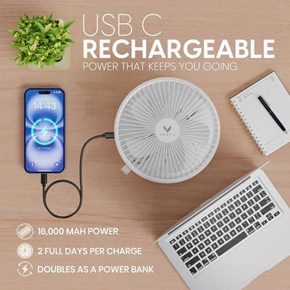 VENTY Portable Fan - Wireless Battery Operated Fan - 4 Speeds - LED Lighting - Carry Case & Remote Control - Cruise Travel - Outdoor Travel RV Power Bank With USB-C Port (White with Case) - color: White