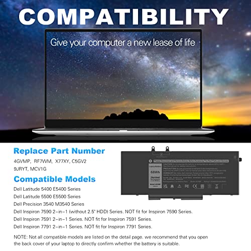 Futurebatt 4GVMP Laptop Battery Replacement for Dell Latitude 5400 5500 Precision 3540 3550 7590/7591/7791 2-in-1 Series RF7WM X77XY C5GV2 9JRYT MCV1G 1V1XF R8D7N [7.6V 68Wh] - size: 4GVMP 10.83×5.12×0.73 in