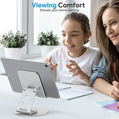 OMOTON Swivel Tablet Stand for iPad with 360 Rotating Base, Foldable Adjustable Holder for Drawing, Compatible with iPad Pro/Air/Mini and More, Silver | Aluminum Foldable Mount with Rotating Base, Desk Kitchen Drawing Travel, Fits iPad Pro/Air Samsung, Ki