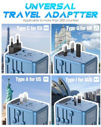 Universal Travel Adapter, 35W PD Fast Charging for Europe UK US Japan | 2 USB C 3 USB A & 2500W AC Outlet, International Power Adapter for 200+ Countries, Compatible for iPhone, MacBook, Tablet - color: PD35W-3A2C-metallic blue