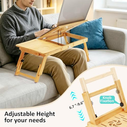Laptop Desk for Bed, Foldable Bed Tray, Adjustable Angle & Height | Bamboo Laptop Stand with Cup Holder and Drawer, Portable Lap Desk for Couch Sofa Floor, Ideal for Breakfast, Writing, Drawing