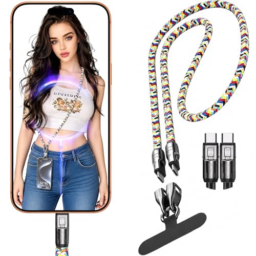 Phone Lanyard Charging Cable Type C–Crossbody Colorful | Crossbody USB C Cable with Tab, PD 240W USB C to USB C Cables for Cell Phone and All USB-C Devices - color: Colorful