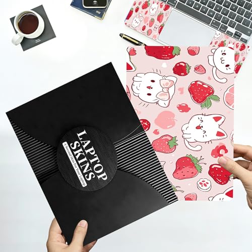 Universal Laptop Skin Sticker with 2 Wrist Pad Decals, 3-Piece Removable Vinyl Laptop Cover, Strawberry Cat Waterproof Anti-Scratch, Easy-Trim Fit for 13.3" 14" 15.6" Laptops - color: Strawberry Cat