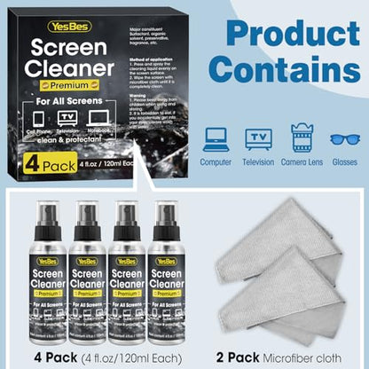 Screen Cleaner Spray 16oz (4oz x 4 Pack) - TV & Computer Screen Cleaner with 2 Microfiber Cloths for Multiple Devices