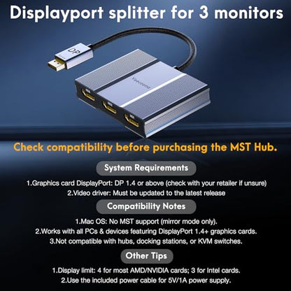DisplayPort to HDMI Adapter 1 in 3 Out | 4K60Hz, DP Source to HDMI Splitter | DP Source to HDMI Splitter Extended Display for 3 monitors, MST Hub for Desktop,Laptop,Graphics Card - MACOS Not Support MST