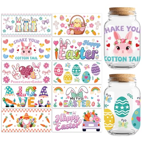 Easter Bunny UV DTF Cup Wraps, 10 Sheets Transfer Sticker | Waterproof UV DTF Stickers, Custom Vinyl Decals for 16oz Coffee Cups Tumblers Bottles Mugs, DIY Gifts & Crafts - style: Easter Rabbit and Eggs