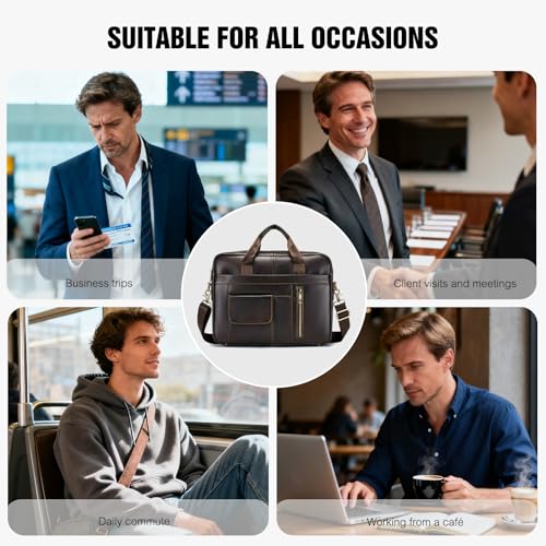 FANDARE Laptop Tote Bag for Men Full Grain Leather Briefcase Business Tote Messenger Handbag - color: Brown