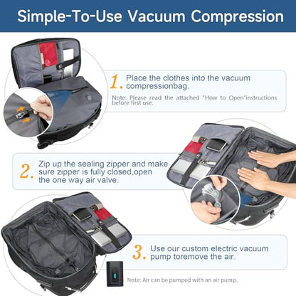 Travel Vacuum Backpack with Wheels for Women Men, 50L Rolling Vacpack Backpack with Vacuum System, Laptop Compartment, TSA Lock, Dry-Wet Pocket Luggage suitcase, Air Travel, Weekend Trips - color: Black(included Pump)