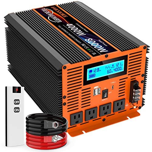4000 Watt Pure Sine Wave Power Inverter 12V DC to 110V 120V Converter for Family RV Off Grid Solar System Car with Type-C Ports 4 AC Power Outlets Dual USB Ports LCD Display and Remote Control - size: 12V-4000W