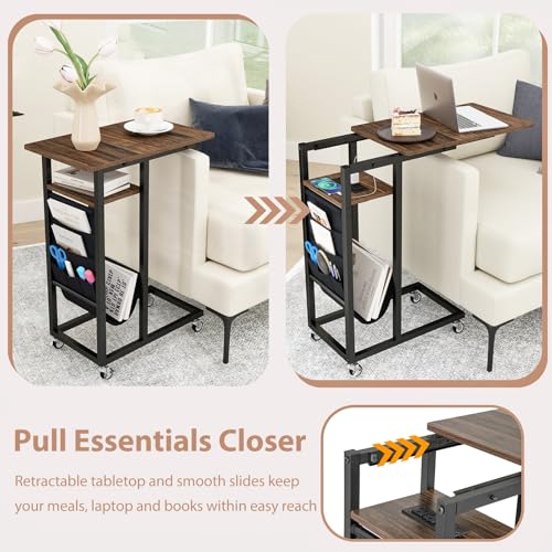 GIANTEX 27" C Shaped End Table w/Charging Station, Rolling Wheels | Slide Under Couch, Outlets & USB Port, Side Table Nightstand Small Laptop Sofa TV Tray C Table for Living Room, Rustic Brown