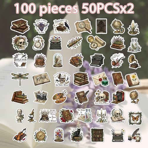 100 Pcs Dark Academia Stickers Gothic Bookish Decals | Book Lover Stickers, Glossy Waterproof Vinyl, Gothic Book Design, Vintage Aesthetic Sticker for Water Bottle Laptop Journal - style: Dark Academia