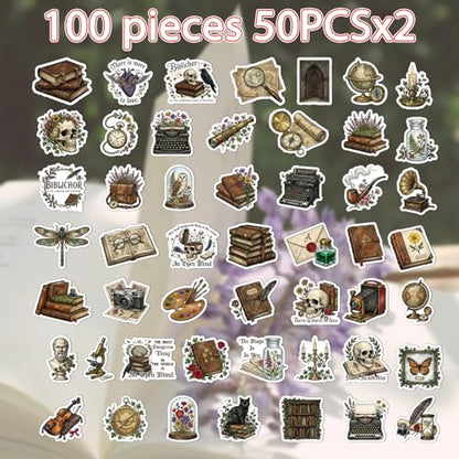 100 Pcs Dark Academia Stickers Gothic Bookish Decals | Book Lover Stickers, Glossy Waterproof Vinyl, Gothic Book Design, Vintage Aesthetic Sticker for Water Bottle Laptop Journal - style: Dark Academia