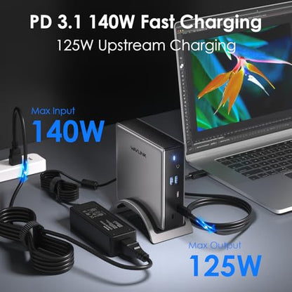 WAVLINK Laptop Docking Station, PD 3.1 Dock Triple Monitor, Dual DP,HDMI | Single 4K@144Hz, 140W PD 3.1 Charger, USB-C 10Gb, 2×USB-A 5Gb, Gigabit Ethernet and Mic/Audio, Compatible with Windows Only