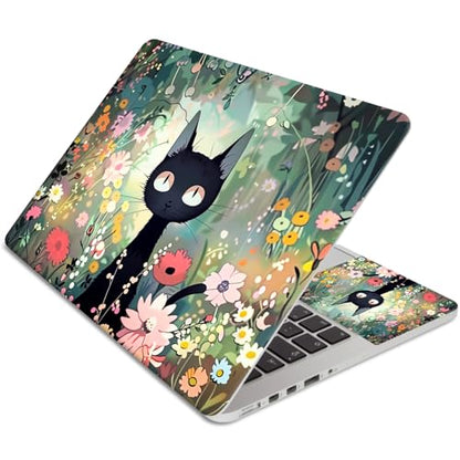 Laptop Skin Sticker 3-Piece Set,Black Cat Among Flowers | Trim-to-fit 3-piece vinyl set with one 15 x 10.6 in lid skin and two palm-rest decals for many 12-15.6 in laptops - color: Black Cat Among Flowers