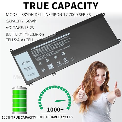 56Wh 33YDH Battery for Dell Inspiron 17 7000 7773 7779 7778 7786 2-in-1 15 7577 G3 3579 3779 G5 5587 G7 7588 Latitude 13 3380 14 3490 3590 3580 3400 3500 Vostro 7580 PVHT1 P30E P30E001 081PF3 - size: 9.5 x 4.12 x 0.38 inches 33YDH BATTERY