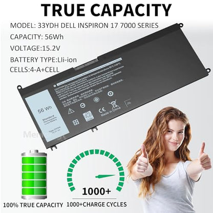 56Wh 33YDH Battery for Dell Inspiron 17 7000 7773 7779 7778 7786 2-in-1 15 7577 G3 3579 3779 G5 5587 G7 7588 Latitude 13 3380 14 3490 3590 3580 3400 3500 Vostro 7580 PVHT1 P30E P30E001 081PF3 - size: 9.5 x 4.12 x 0.38 inches 33YDH BATTERY