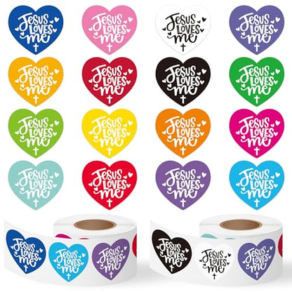 CNhoqc Easter Jesus Sticker Rolls - 1000Pcs Jesus Loves Me Heart Self-Adhesive Sticker Junk Journal Water Bottle Laptop Vinyl Easter Basket Stuffers Birthday Party Church Event Scrapbooking Supplies - style: Jesus Loves Me（Heart-Shape）