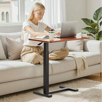 Adjustable Overbed Bedside Table with Wheels, Pneumatic Adjustable Hospital & Home Use Bed Table, Rolling Laptop Table, Mobile Standing Desk, Brown - color: Brown, style: Non-Tiltable
