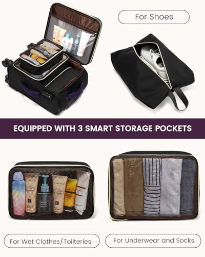 LOVEVOOK 4 Pcs Carry On Luggage 22x14x9 Airline Approved, 20 Inch Carry On Suitcases with Wheels, Softside Rolling Suitcase for Women Men, with TSA Lock Weekender Travel Luggage - color: Black-violet-indigo Purple, size: 20 Inch-4Pcs