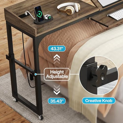 Tribesigns Height Adjustable Overbed Table with Wheels, Queen Size Over Bed Desk with Adjustable Tilt Stand, Mobile Laptop Cart Computer Desk with Outlets & USB Ports (Dark Gray) - color: Dark Gray