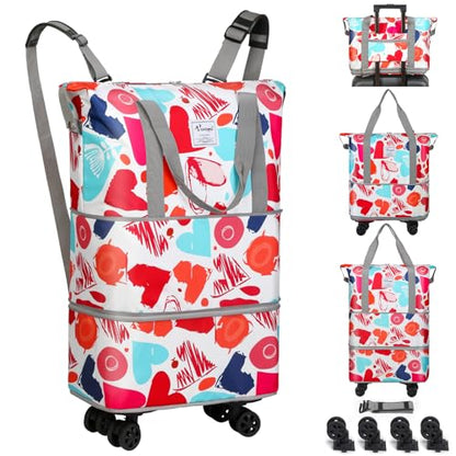 VOOWO Rolling Duffel Bag with Wheels - Foldable Expandable Duffle Bag with Wheels for Travel, Rolling Luggage Bag Wheeled Carry On Bag, Large Rolling Backpack Weekend Bags for Men Women (Love) - color: Love
