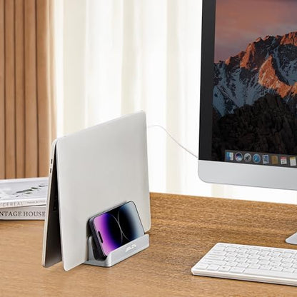 JARLINK 4-in-1 Adjustable Vertical Laptop Stand Holder, Aluminum Dual Slots Laptop Rack for Desk, Space-Saving Organizer Compatible with All MacBook, Surface, Chromebook, and Gaming Laptops (Silver) - color: Silver