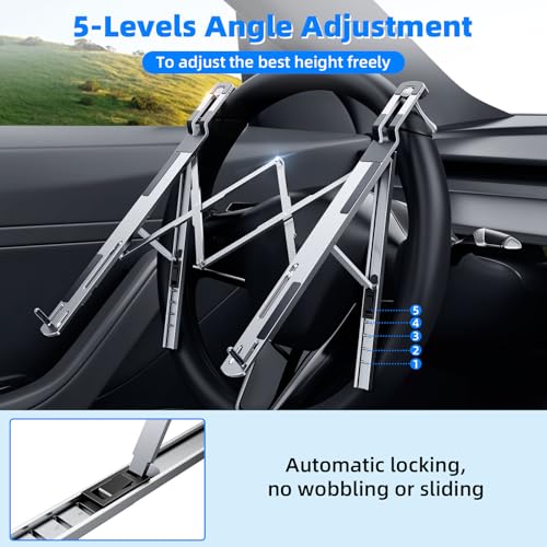 Adjustable Steering Wheel Laptop Mount, Foldable Car Laptop Desk-Silver | Metal Car Laptop Holder Sturdy, 5-Gear Adjustable Angle, Foldable Compact Space-Saving, In-Vehicle Reading Working - size: Laptop Stand-Silver