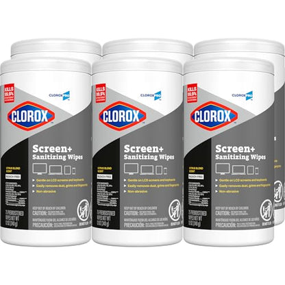 CloroxPro Clorox Screen+ Sanitizing Wipes, Disinfecting Wipes for Electronics, Gentle on Phones, Tablets, LCD Screens, Laptops and Sensitive Surfaces, Citrus Blend Scent, 1 Canister, 75 Wipes, 6 Pack - size: 75 Count (Pack of 6)