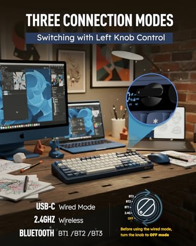 RK ROYAL KLUDGE M100 Wireless Mechanical Keyboard w/Screen & Dual Knobs, Tri-Mode Gasket Mount Gaming Keyboard with Number Pad, Hot Swappable Cream Switch, Blue - color: Blue